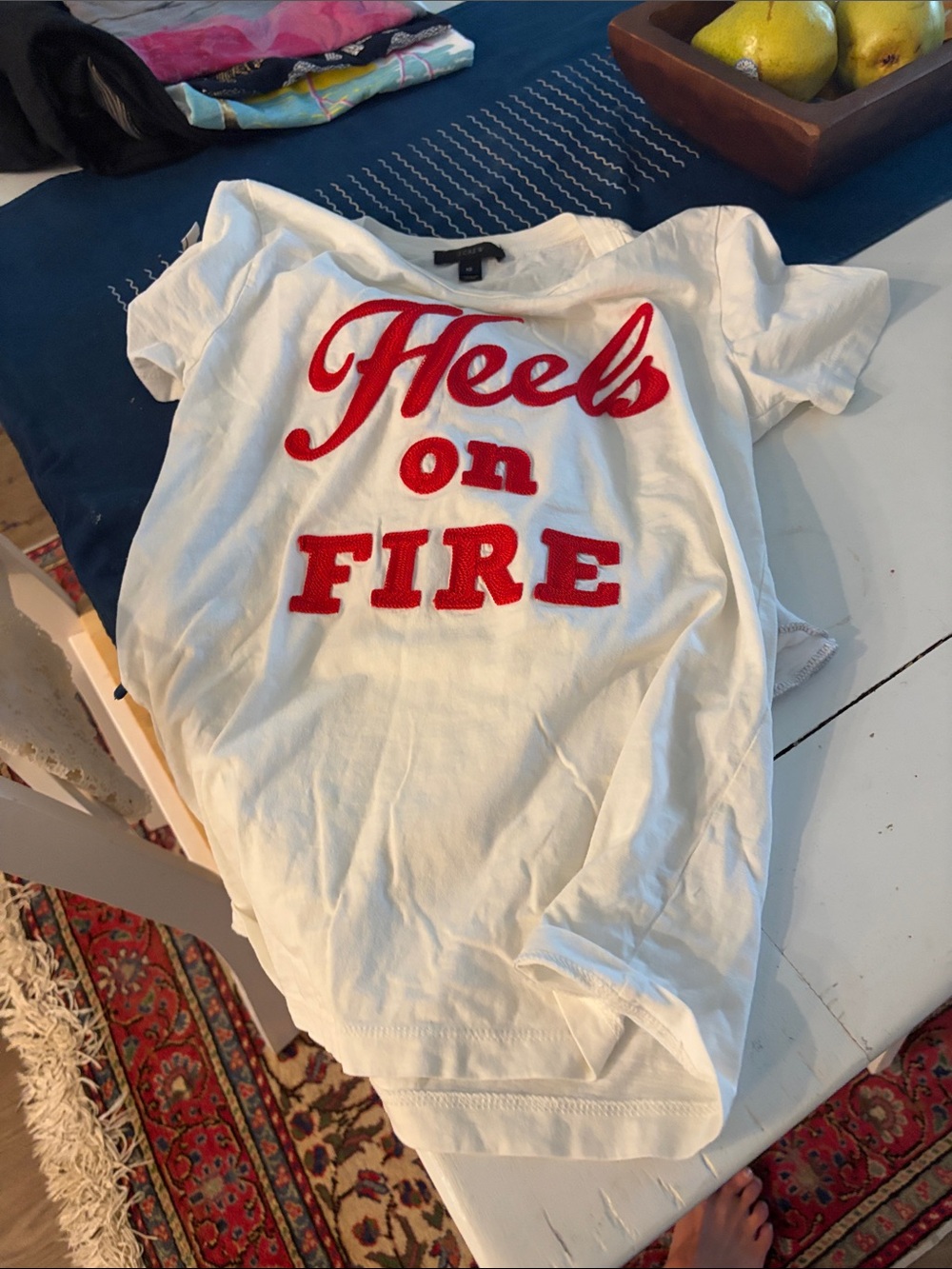 J. Crew White Tee with Red 'Heels on Fire' Graphic